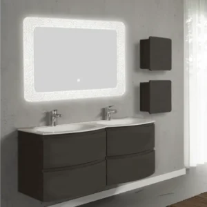 Set mobilier de baie suspendat, cu lavoar dublu incastrat, oglinda LED si 2 corpuri suspendate, 140 cm, gri inchis, finisa...