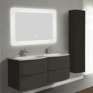 Set mobilier de baie suspendat, cu lavoar dublu incastrat, oglinda si dulap suspendata, 140 cm, gri inchis, finisaj mat, A...