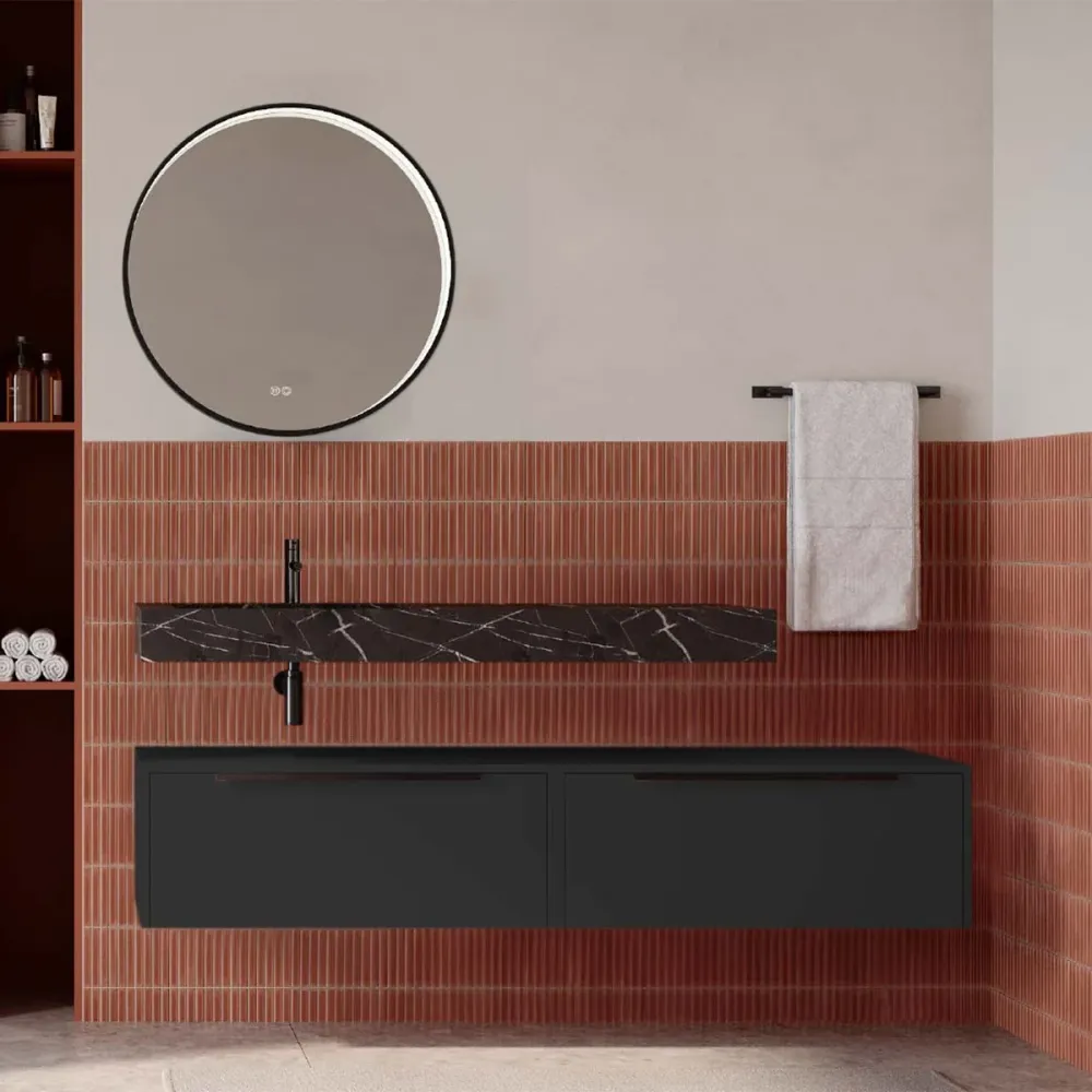 Set mobilier baie suspendat negru mat cu lavoar imitație marmura neagra și oglindă, 160 cm, SaviniDue Iconica