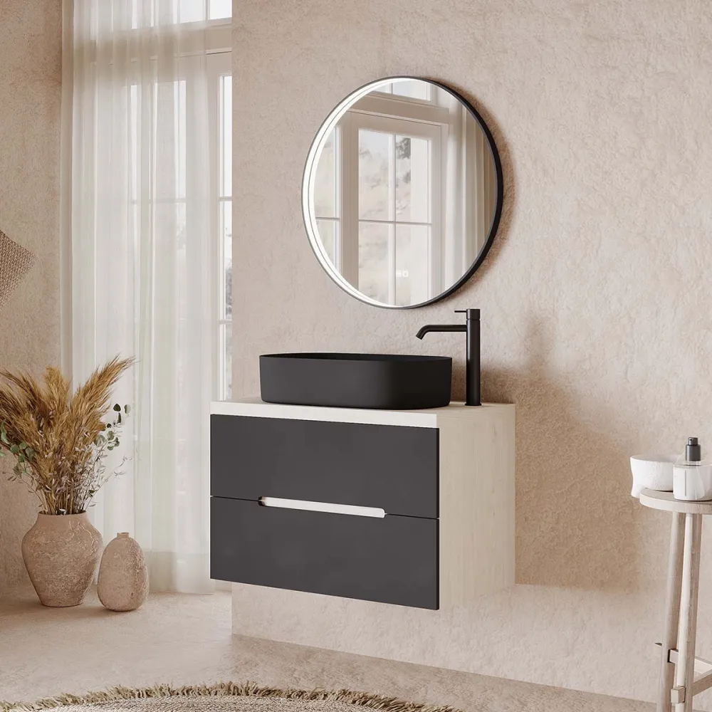 Set mobilier baie suspendat negru mat cu imitatie lemn, lavoar negru pe blat și oglindă, 80 cm, SaviniDue Iris