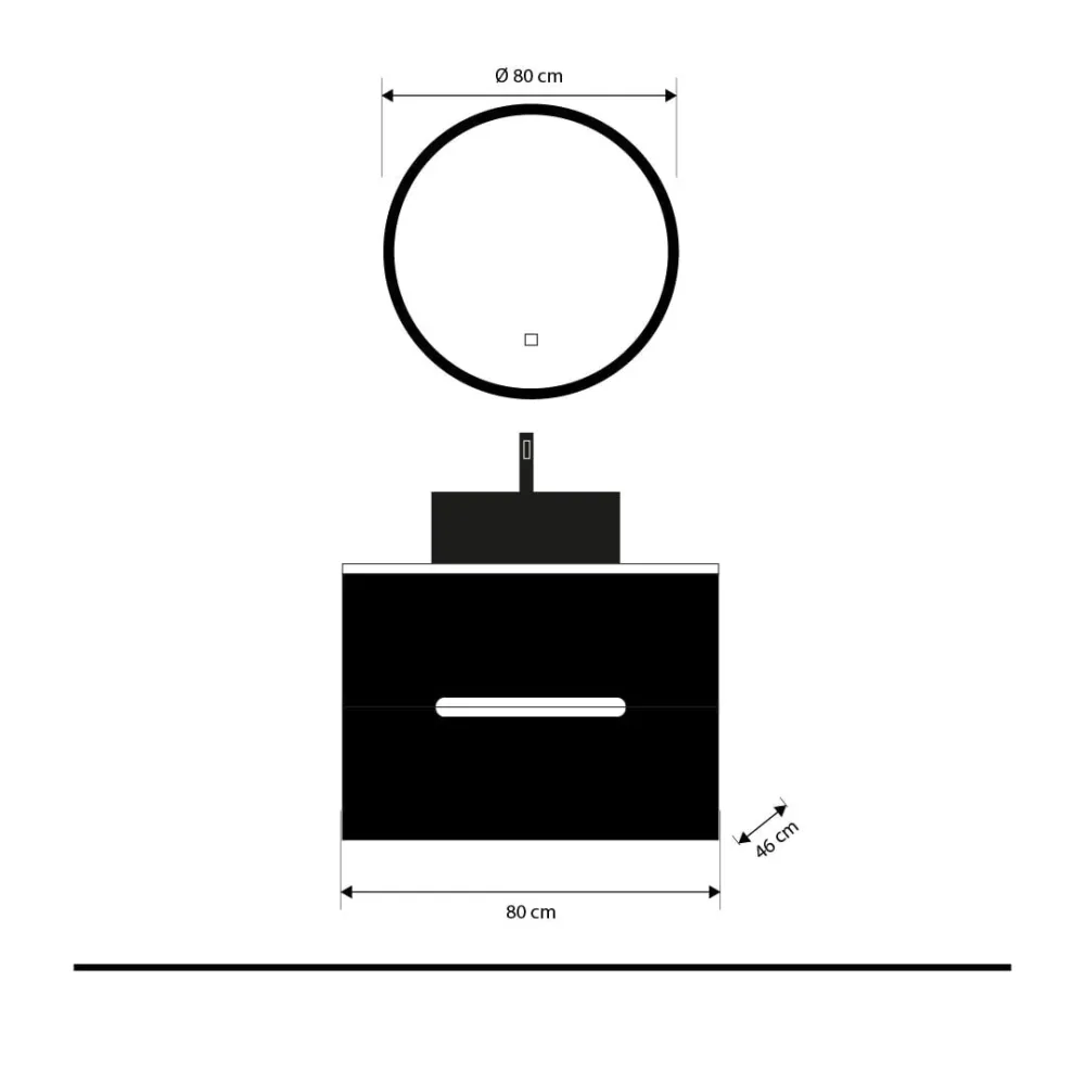 Set mobilier baie suspendat negru mat cu imitatie lemn, lavoar negru pe blat și oglindă, 80 cm, SaviniDue Iris
