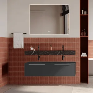 Set mobilier baie suspendat negru mat, lavoar negru si oglinda, manere albe, 120 cm, SaviniDue Iconica