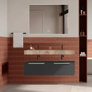 Set mobilier baie suspendat negru mat, lavoar imitatie lemn si oglinda, manere albe, 120 cm, SaviniDue Iconic