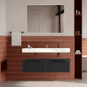 Set mobilier baie suspendat negru mat, riflaje Plissetatto, lavoar alb si oglinda, manere negre, 120 cm, SaviniDue Iconica
