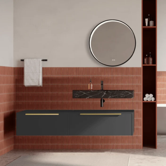 Set mobilier baie suspendat negru mat, lavoar negru si oglinda rotunda, manere aurii, 140 cm, SaviniDue Iconica