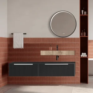 Set mobilier baie suspendat negru mat, riflaje Cannetatto, lavoar imitatie lemn si oglinda rotunda, manere albe, 140 cm, S...