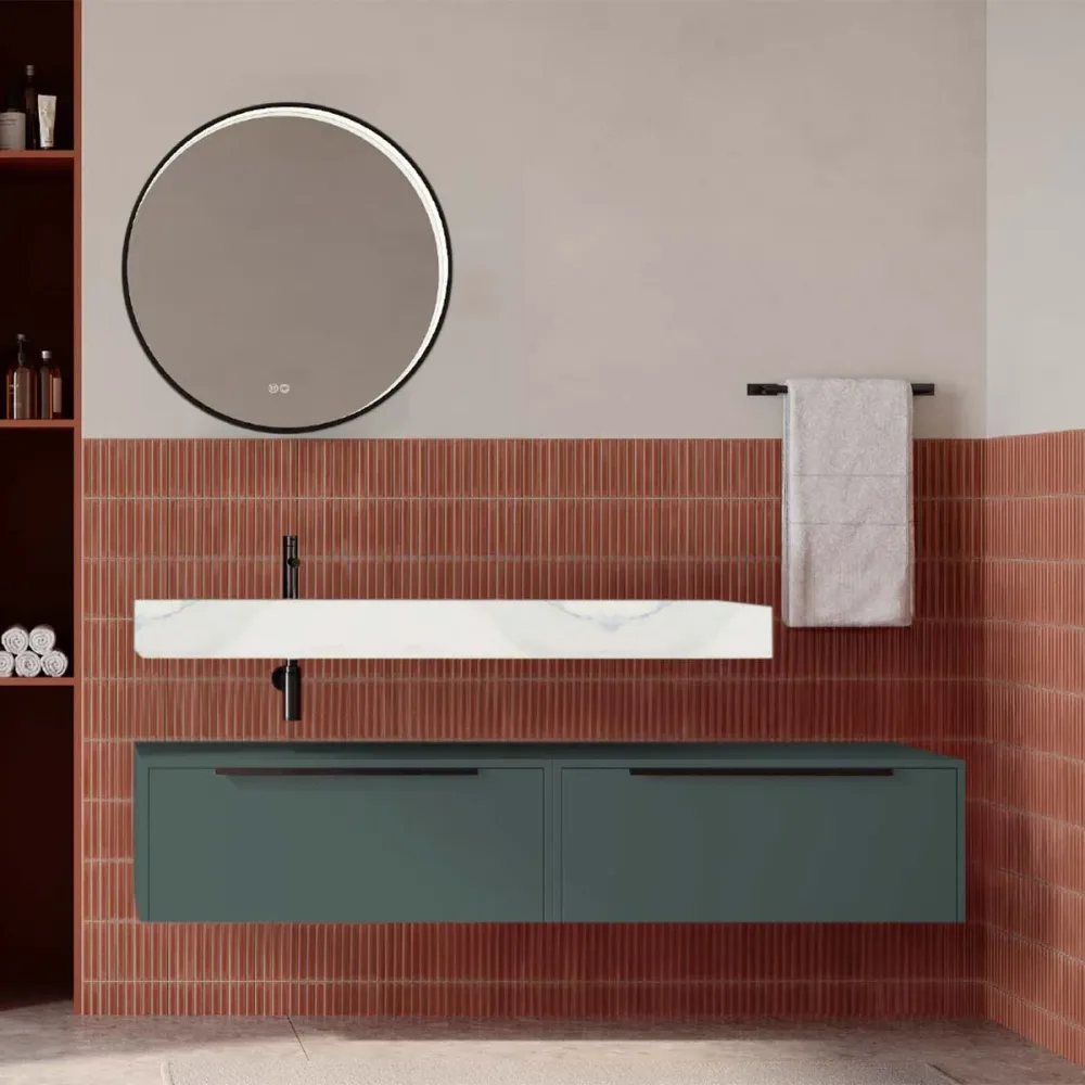 Set mobilier baie suspendat verde italia mat cu lavoar imitație marmură alba și oglindă, 160 cm, SaviniDue Iconica
