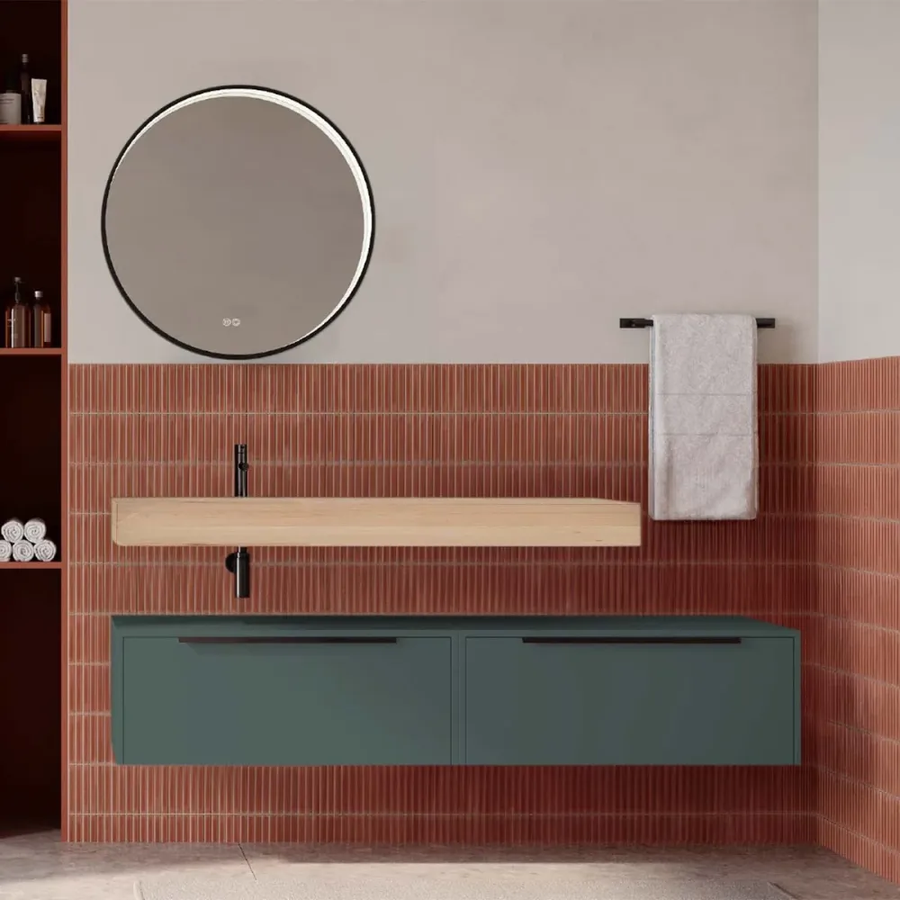 Set mobilier baie suspendat verde italia mat cu lavoar imitație lemn și oglindă, 160 cm, SaviniDue Iconica