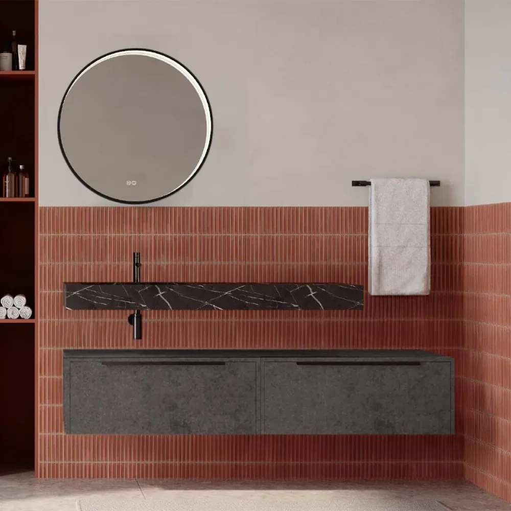 Set mobilier baie suspendat verde italia mat cu lavoar imitație marmura neagra și oglindă, 160 cm, SaviniDue Iconica