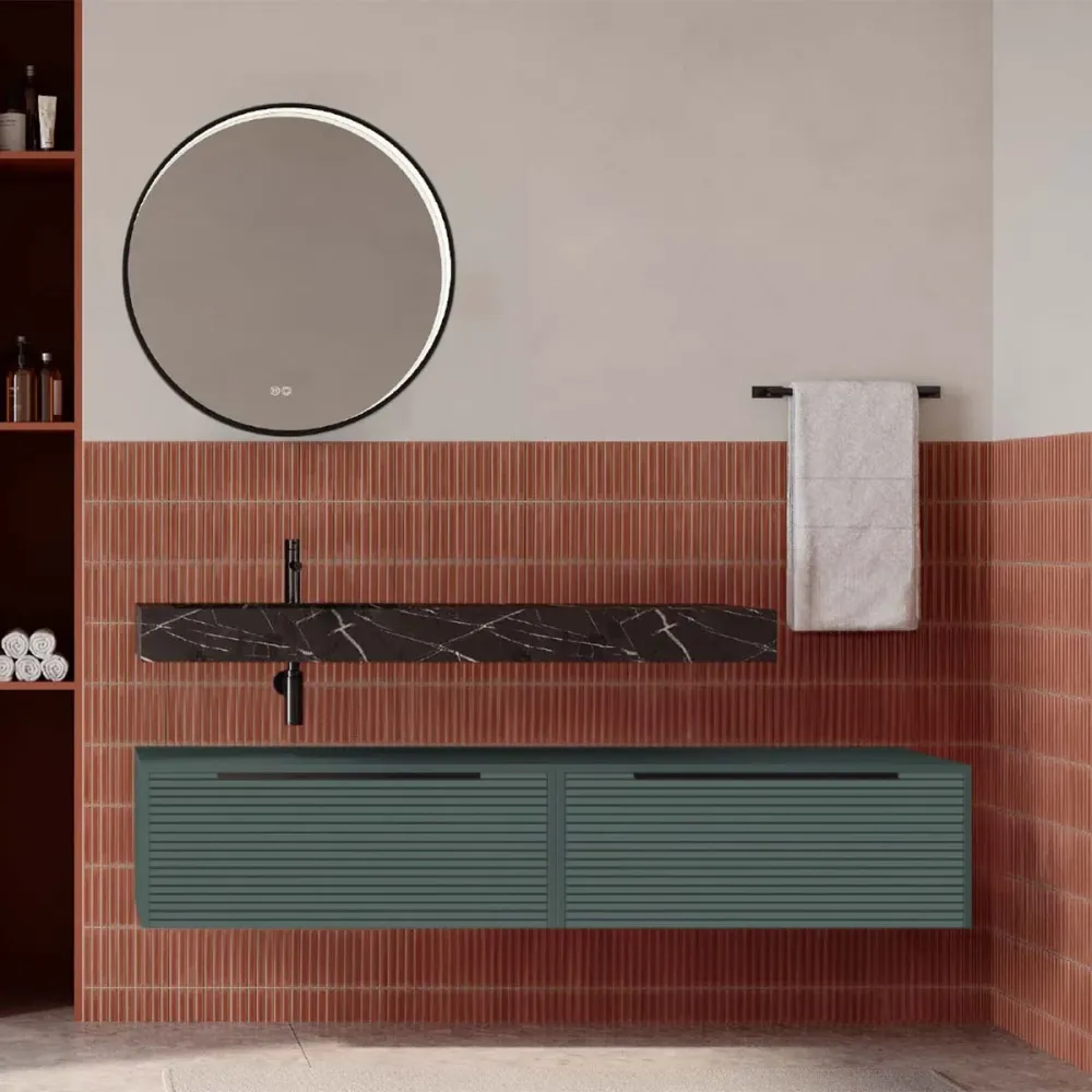 Set mobilier baie suspendat verde italia mat cu lavoar imitație marmura neagra și oglindă, cu riflaje Dogato, 160 cm, Savi...