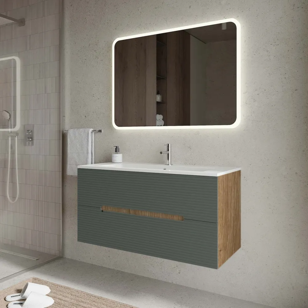 Set mobilier baie suspendat verde italia cu imitatie lemn, lavoar alb și oglindă, 100 cm, cu riflaj Dogato SaviniDue Iris