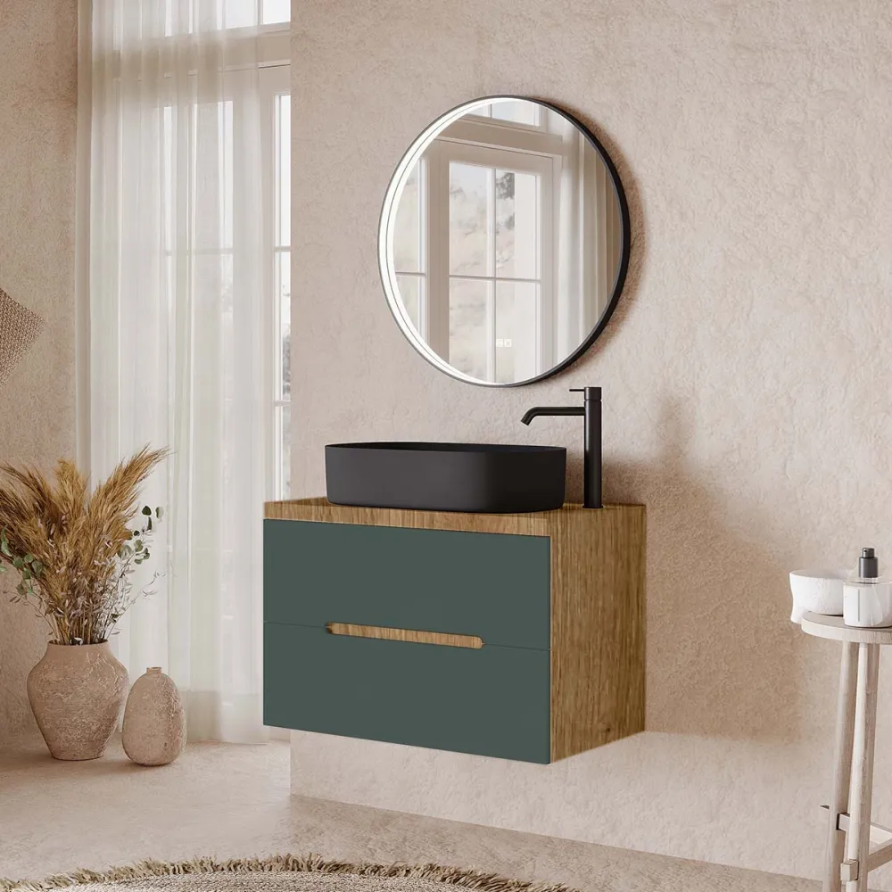 Set mobilier baie suspendat verde italia cu imitatie lemn natur, lavoar negru pe blat și oglindă, 80 cm, SaviniDue Iris