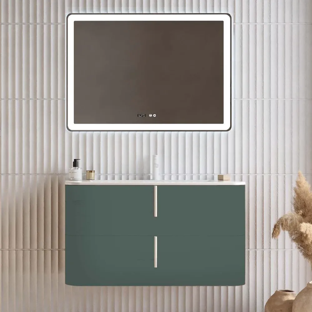 Set mobilier baie suspendat verde italia, lavoar alb mat, oglinda, 100 cm, SaviniDue Lyra
