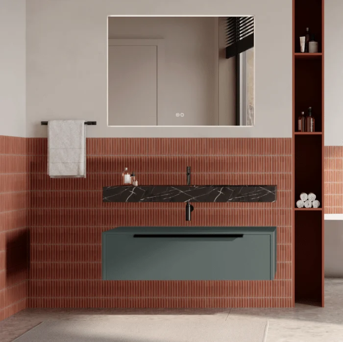 Set mobilier baie suspendat verde italia, lavoar negru mat și oglinda, manere negre, 100 cm, SaviniDue Iconica