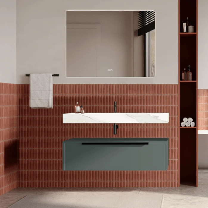 Set mobilier baie suspendat, verde italia, lavoar alb și oglinda, manere negre, 100 cm, SaviniDue Iconica