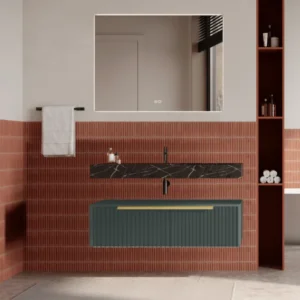 Set mobilier baie suspendat verde italia, cu riflaje Cannetatto, lavoar negru mat și oglinda, manere aurii, 100 cm, Savini...