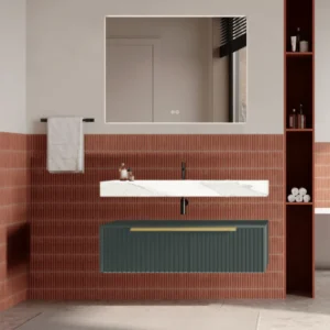 Set mobilier baie suspendat verde italia, cu riflaje Cannetatto, lavoar alb și oglinda, manere aurii, 100 cm, SaviniDue Ic...