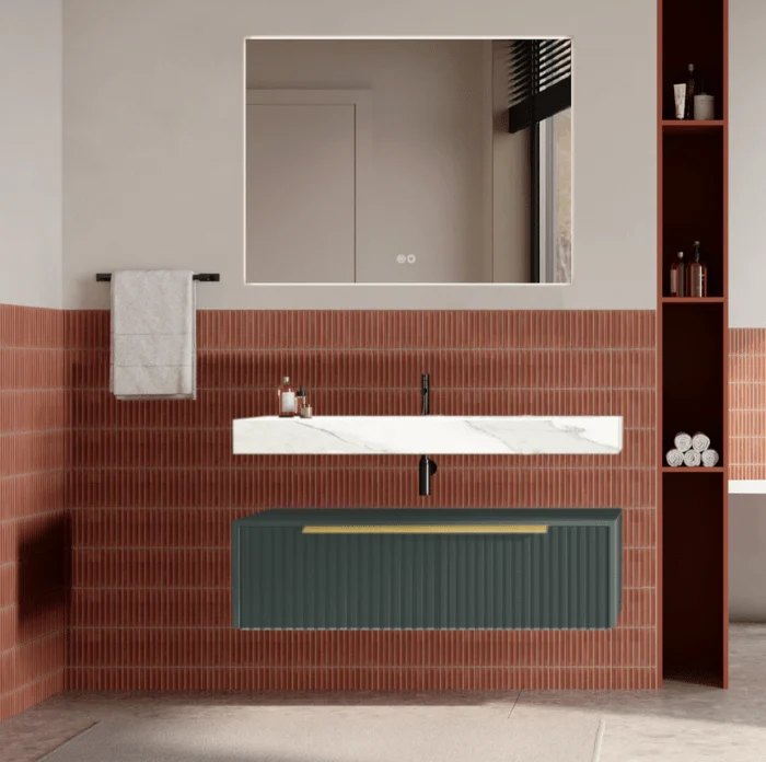 Set mobilier baie suspendat verde italia, cu riflaje Cannetatto, lavoar alb și oglinda, manere aurii, 100 cm, SaviniDue Ic...
