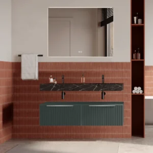 Set mobilier baie suspendat verde italia, riflaje Cannetatto, lavoar negru și oglinda, manere otel inoxidabil, 120 cm, Sav...