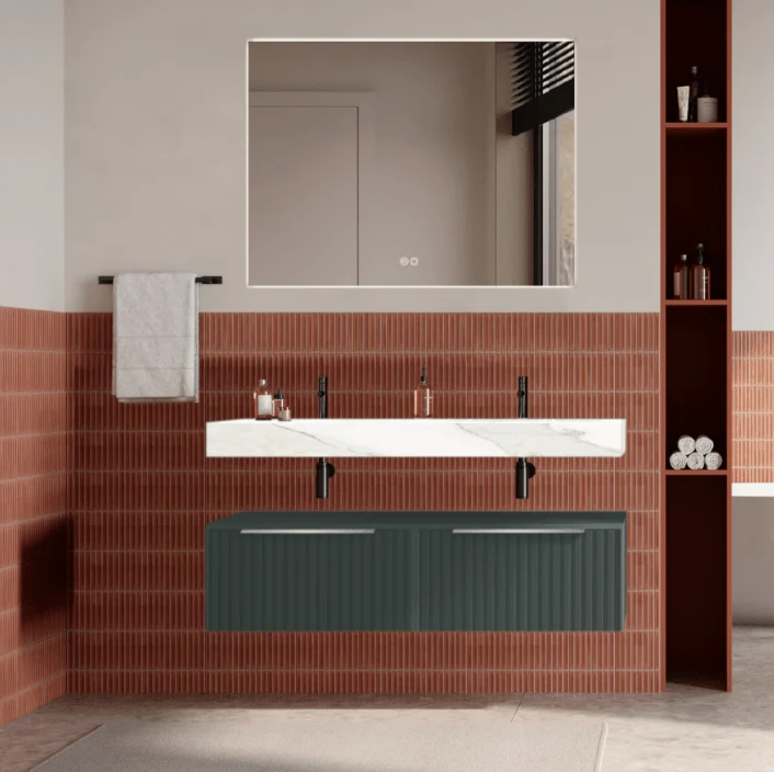 Set mobilier baie suspendat verde italia, riflaje Cannetatto, lavoar alb și oglinda, manere otel inoxidabil, 120 cm, Savin...