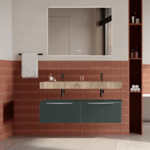 Set mobilier baie suspendat verde italia, riflaje Cannetatto, lavoar imitatie lemn și oglinda, manere otel inoxidabil, 120...