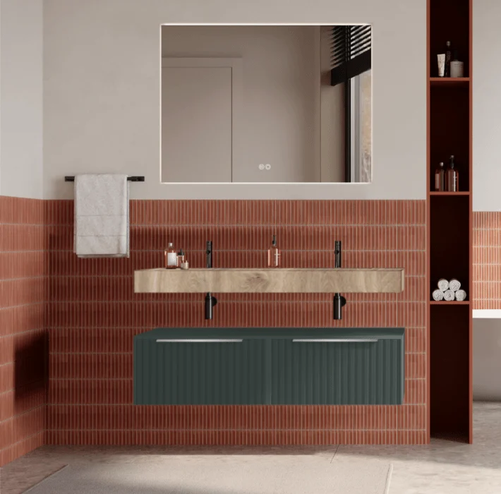 Set mobilier baie suspendat verde italia, riflaje Cannetatto, lavoar imitatie lemn și oglinda, manere otel inoxidabil, 120...