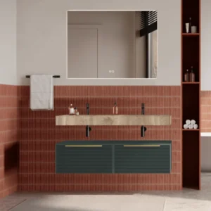 Set mobilier baie suspendat verde italia, riflaje Dogato, lavoar imitatie lemn și oglinda, manere aurii, 120 cm, SaviniDue...