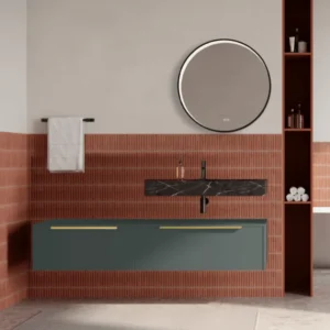 Set mobilier baie suspendat verde italia, lavoar negru si oglinda rotunda, manere aurii, 140 cm, SaviniDue Iconica