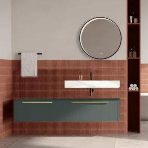 Set mobilier baie suspendat verde italia, lavoar alb si oglinda rotunda, manere aurii, 140 cm, SaviniDue Iconica