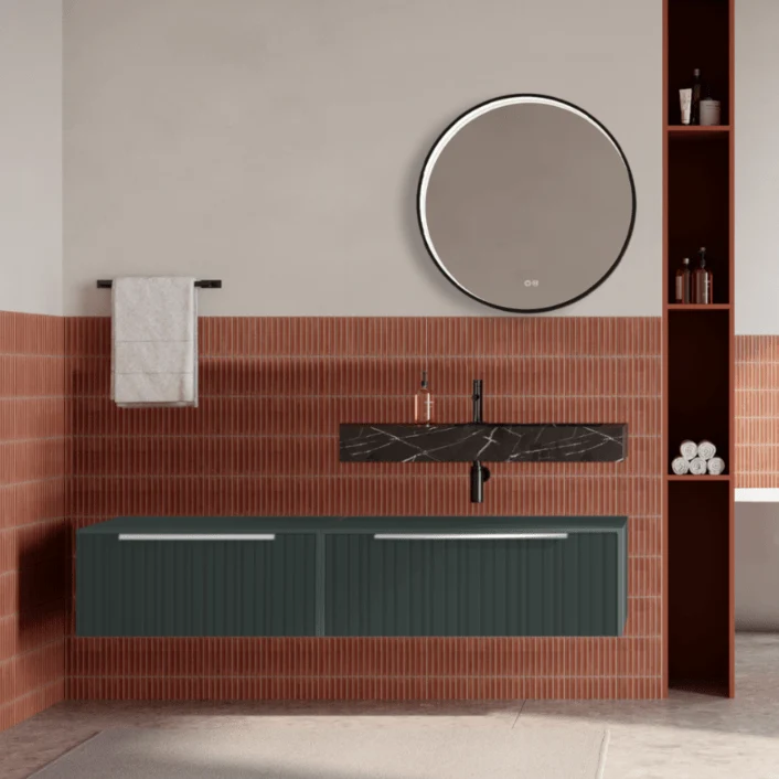 Set mobilier baie suspendat verde italia, riflaje Plissetatto, lavoar negru si oglinda rotunda, manere crom, 140 cm, Savin...