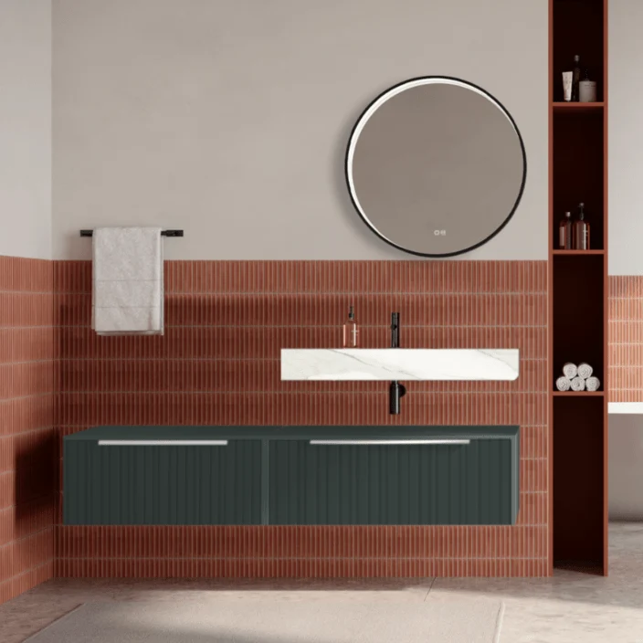 Set mobilier baie suspendat verde italia, riflaje Plissetatto, lavoar alb si oglinda rotunda, manere crom, 140 cm, SaviniD...
