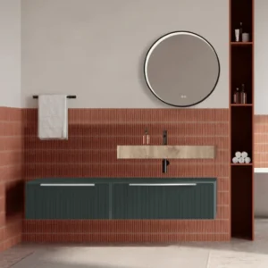 Set mobilier baie suspendat verde italia, riflaje Plissetatto, lavoar imitatie lemn si oglinda rotunda, manere crom, 140 c...
