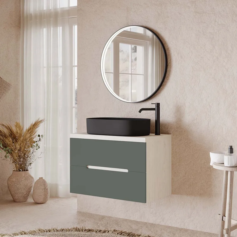 Set mobilier baie suspendat verde salvie cu imitatie lemn, lavoar negru pe blat și oglindă, 80 cm, SaviniDue Iris