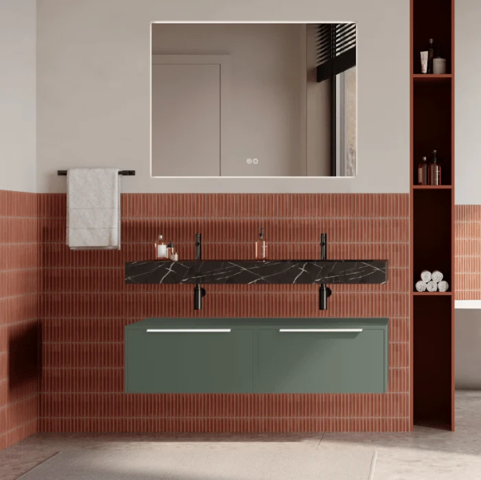 Set mobilier baie suspendat verde salvie, lavoar negru si oglinda, manere albe, 120 cm, SaviniDue Iconica