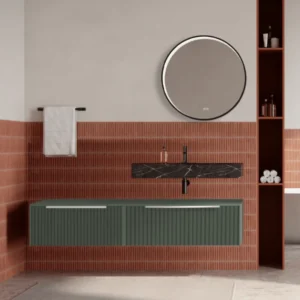 Set mobilier baie suspendat verde salvie, riflaje Cannetatto, lavoar negru si oglinda rotunda, manere crom, 140 cm, Savini...