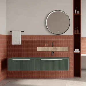 Set mobilier baie suspendat verde salvie, riflaje Cannetatto, lavoar imitatie lemn si oglinda rotunda, manere crom, 140 cm...