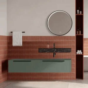 Set mobilier baie suspendat verde salvie, lavoar negru si oglinda rotunda, manere negre, 140 cm, SaviniDue Iconica