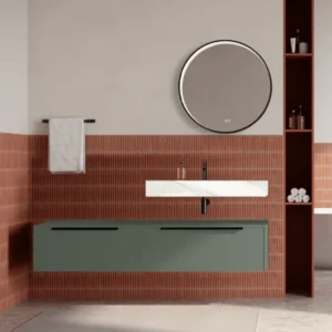 Set mobilier baie suspendat verde salvie, lavoar alb si oglinda rotunda, manere negre, 140 cm, SaviniDue Iconica