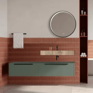Set mobilier baie suspendat verde salvie, lavoar imitatie lemn si oglinda rotunda, manere negre, 140 cm, SaviniDue Iconica