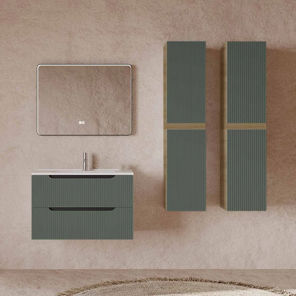 Set mobilier baie verde salvie cu imitatie lemn , coloana suspendata, lavoar incastrat alb și oglindă, 80 cm, SaviniDue Co...