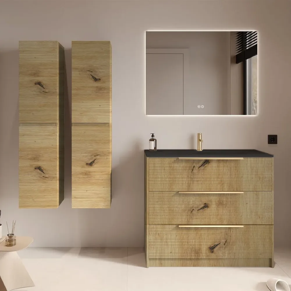 Set mobilier imitatie lemn cu 2 coloane suspendate, lavoar incastrat negru mat și oglindă, cu riflaje Dogato, 100 cm, Savi...