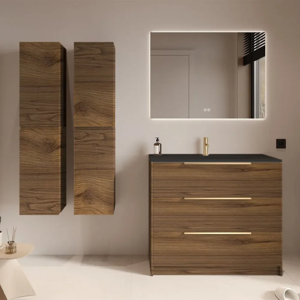 Set mobilier imitatie lemn inchis cu 2 coloane suspendate, lavoar incastrat negru mat și oglindă, cu riflaje Dogato, 100 c...