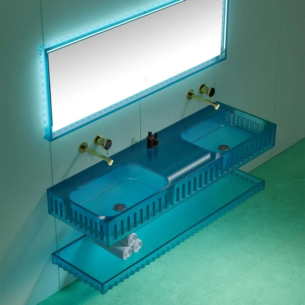 Set mobilier cu lavoar dublu pe perete, raft si oglinda, 140 cm, albastru transparent, finisaj mat, MonBlari
