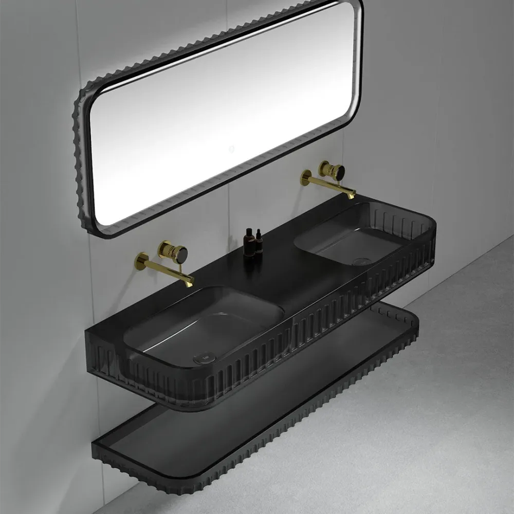 Set mobilier cu lavoar dublu pe perete, raft si oglinda, 120 cm, negru transparent, finisaj mat, MonBlari