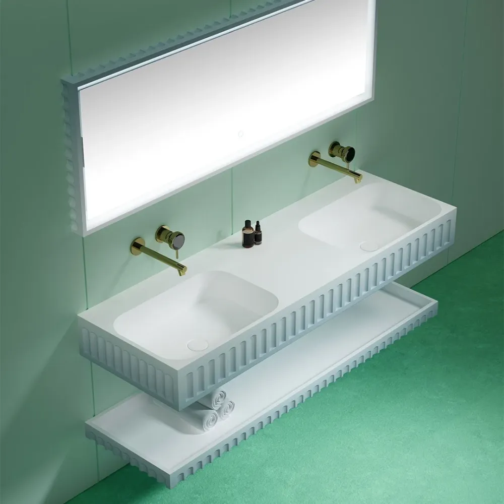 Set mobilier cu lavoar dublu pe perete, raft si oglinda, din compozit, 140 cm, alb, finisaj mat, MonBlari