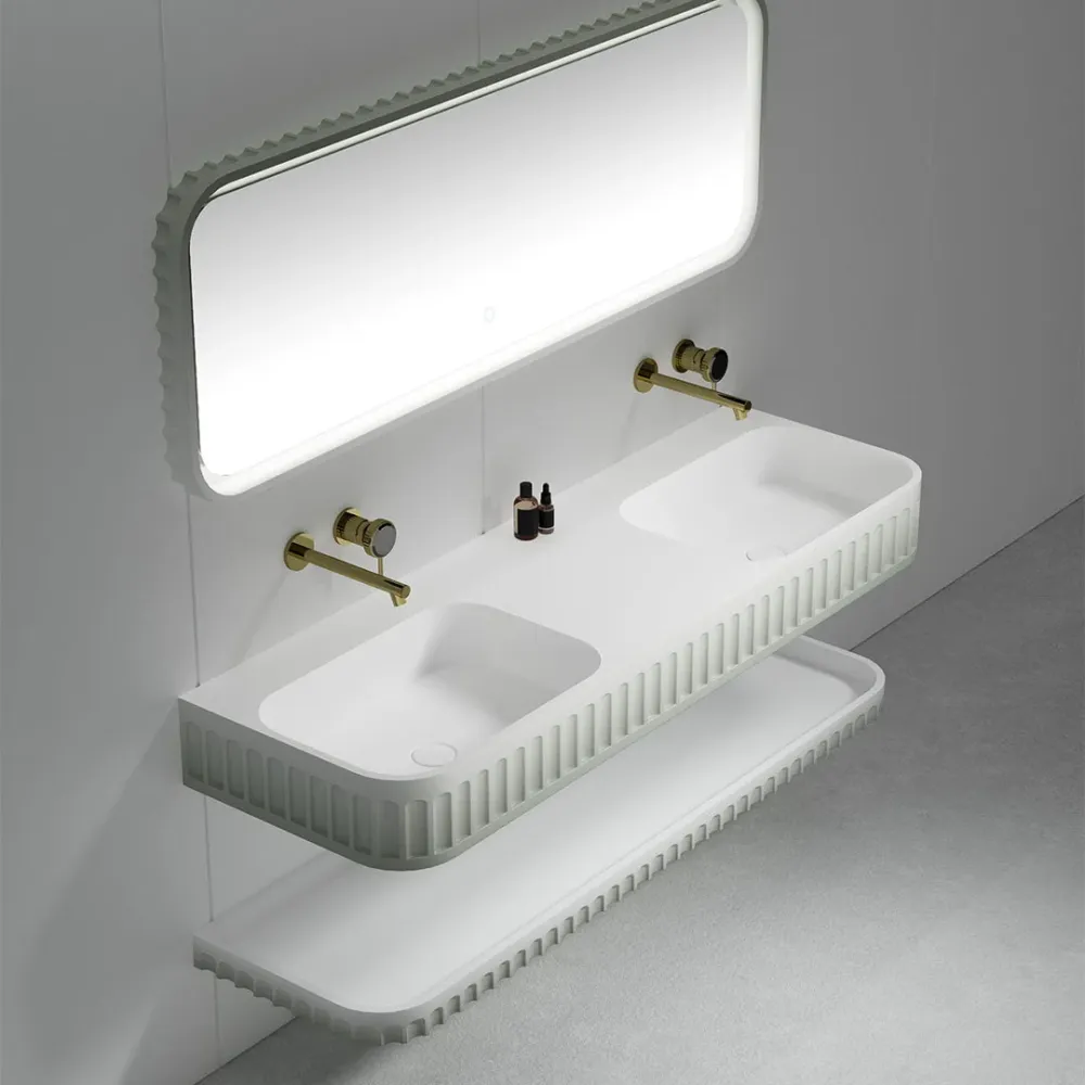 Set mobilier cu lavoar dublu pe perete, raft si oglinda, din compozit, 140 cm, alb, finisaj mat, cu margini rotunjite, Mon...