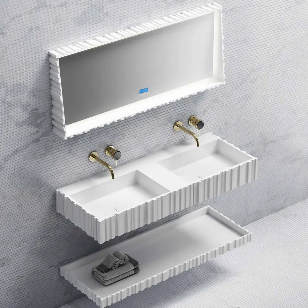 Set mobilier cu lavoar dublu pe perete, raft si oglinda, din compozit, 120 cm, alb mat, cu riflaje, MonBlari