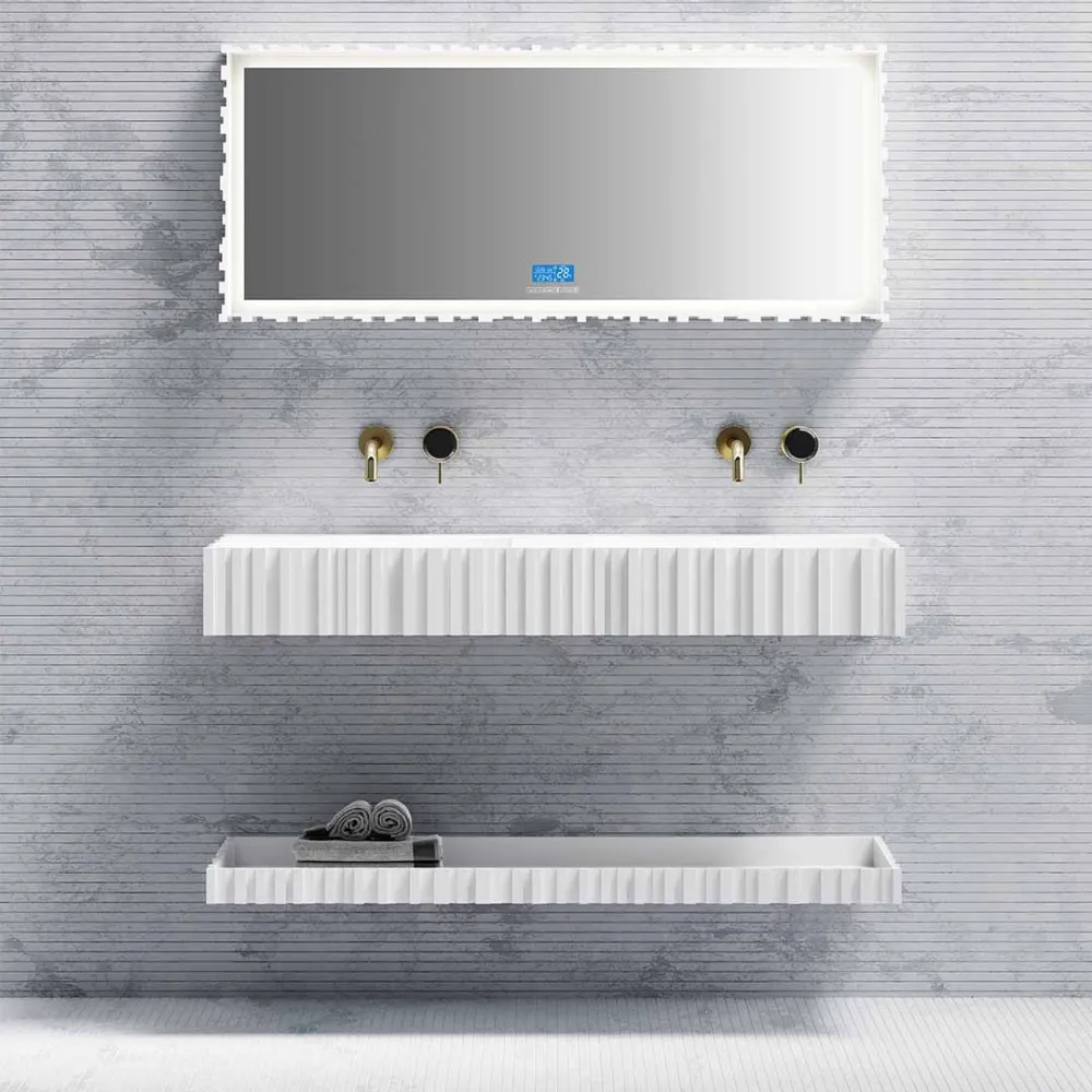 Set mobilier cu lavoar dublu pe perete, raft si oglinda, din compozit, 120 cm, alb mat, cu riflaje, MonBlari