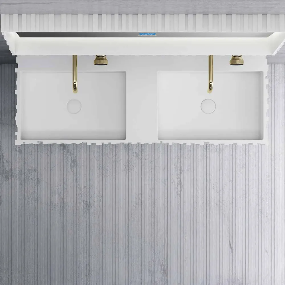 Set mobilier cu lavoar dublu pe perete, raft si oglinda, din compozit, 120 cm, alb mat, cu riflaje, MonBlari