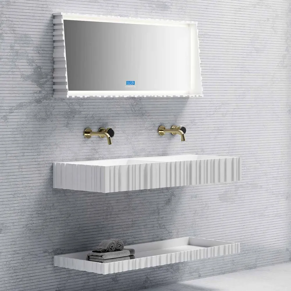Set mobilier cu lavoar dublu pe perete, raft si oglinda, din compozit, 120 cm, alb mat, cu riflaje, MonBlari